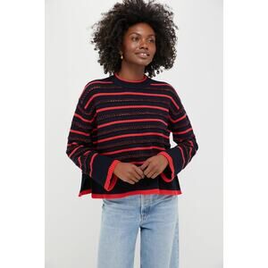 TUCKERNUCK Navy and Red Pointelle Stripe Maxine Sweater Size L NWT